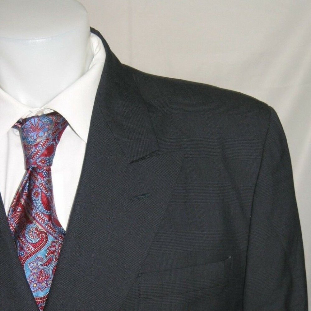 Barberini Super 110 Vintage Blue Plaid Peak Lapel Double Breasted Blazer 50R